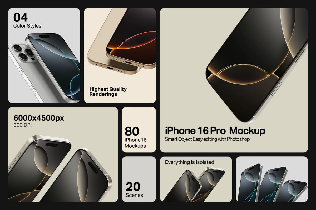 Aperçu 4 sur 4 de +42 IPHONE 16 PRO MOCKUPS PACK (.PSD), ressource Mockups par HYTRAPE