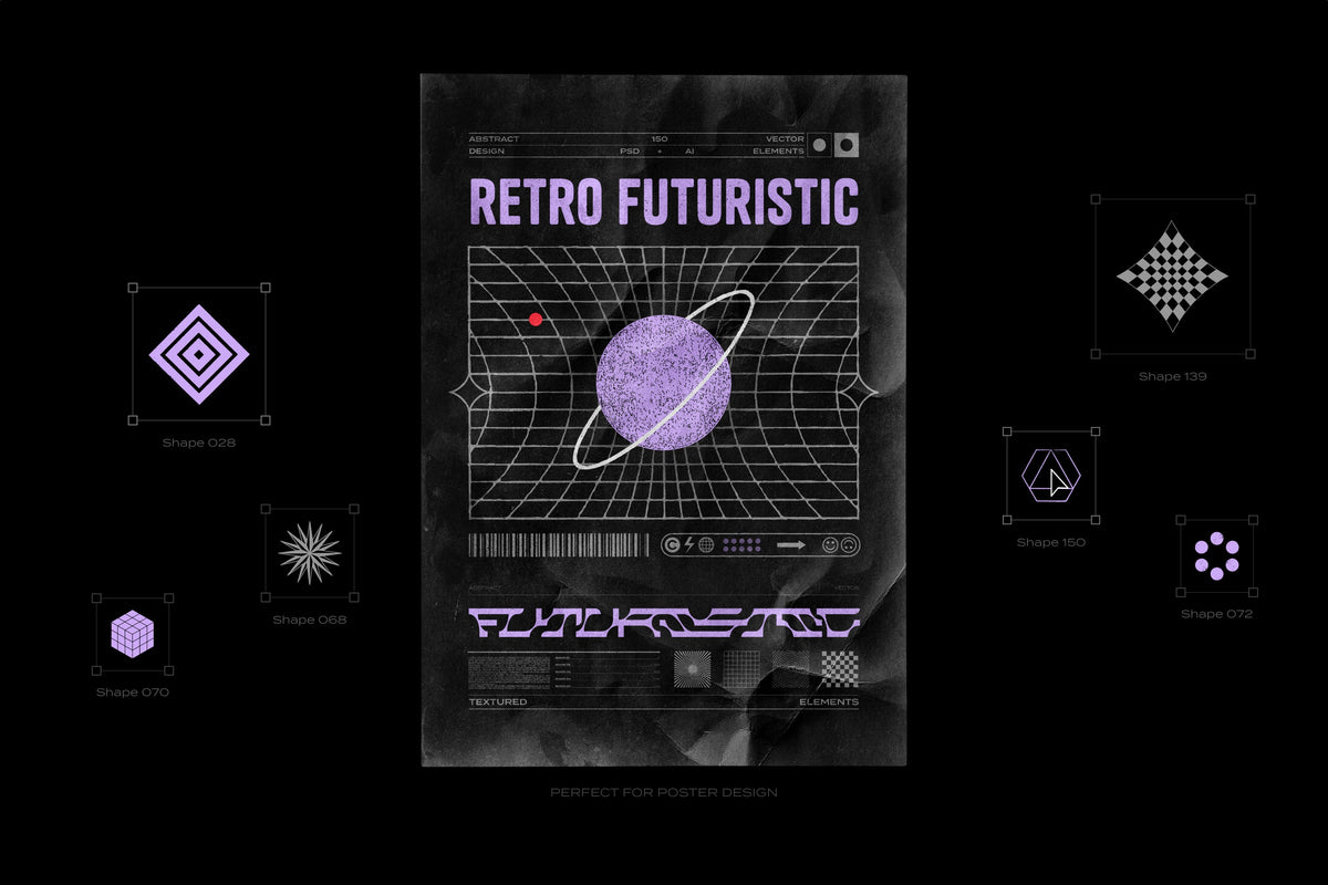 Aperçu 2 sur 17 de 150 Retro-Futuristic Textured Shapes Pack, ressource Transitions par Samolevsky
