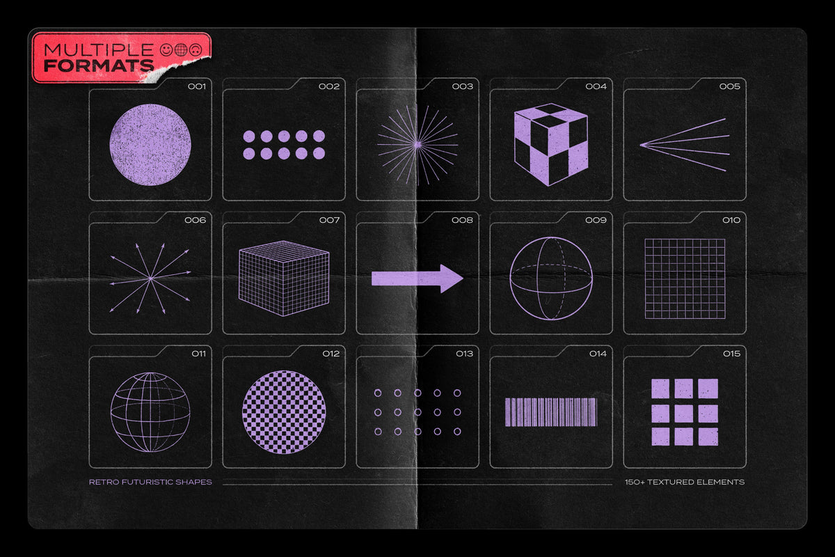 Aperçu 4 sur 17 de 150 Retro-Futuristic Textured Shapes Pack, ressource Transitions par Samolevsky