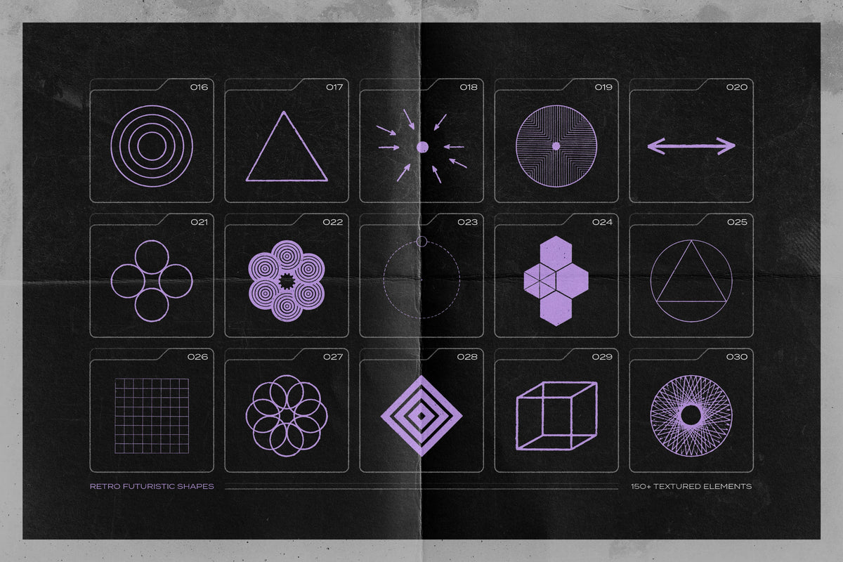 Aperçu 5 sur 17 de 150 Retro-Futuristic Textured Shapes Pack, ressource Transitions par Samolevsky
