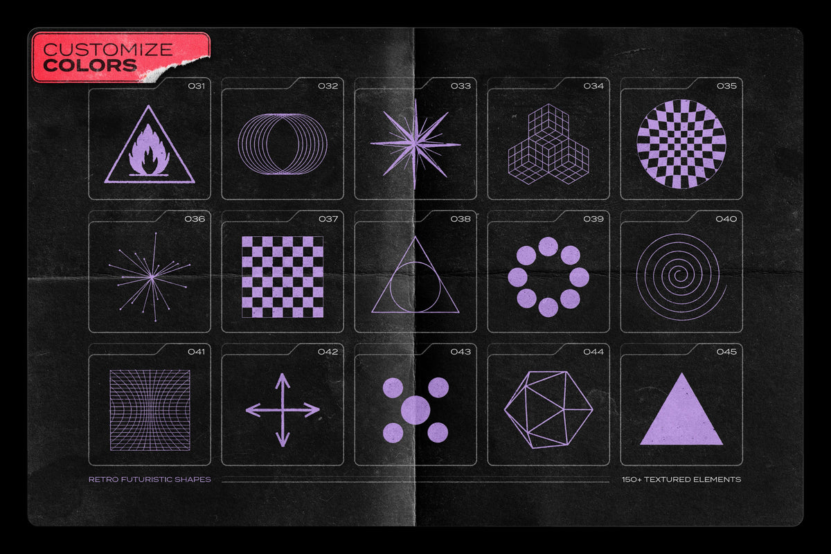 Aperçu 6 sur 17 de 150 Retro-Futuristic Textured Shapes Pack, ressource Transitions par Samolevsky