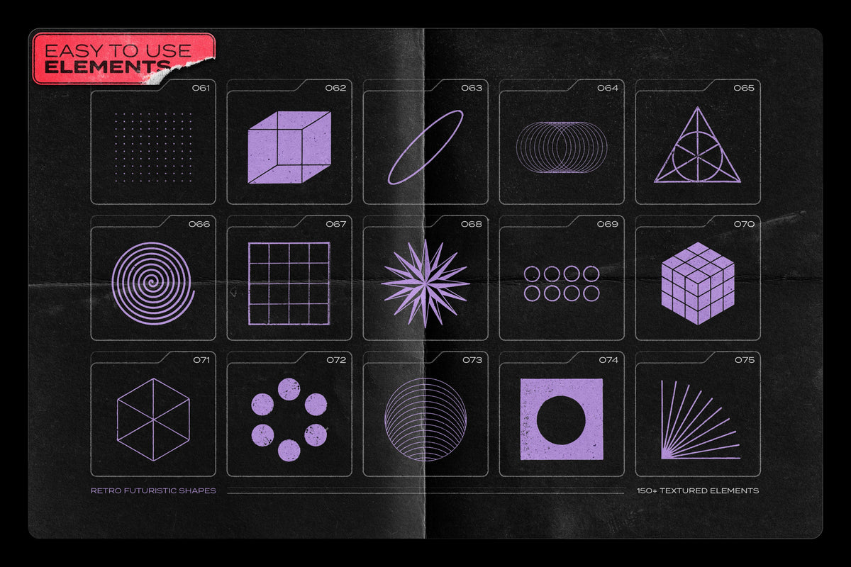 Aperçu 8 sur 17 de 150 Retro-Futuristic Textured Shapes Pack, ressource Transitions par Samolevsky