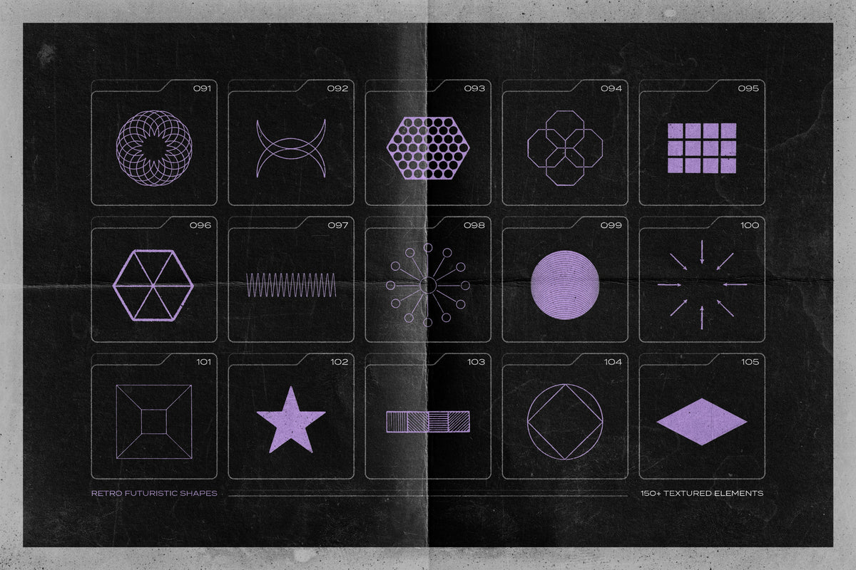 Aperçu 11 sur 17 de 150 Retro-Futuristic Textured Shapes Pack, ressource Transitions par Samolevsky