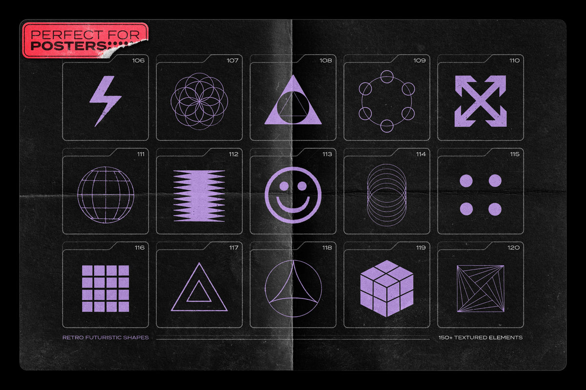 Aperçu 12 sur 17 de 150 Retro-Futuristic Textured Shapes Pack, ressource Transitions par Samolevsky