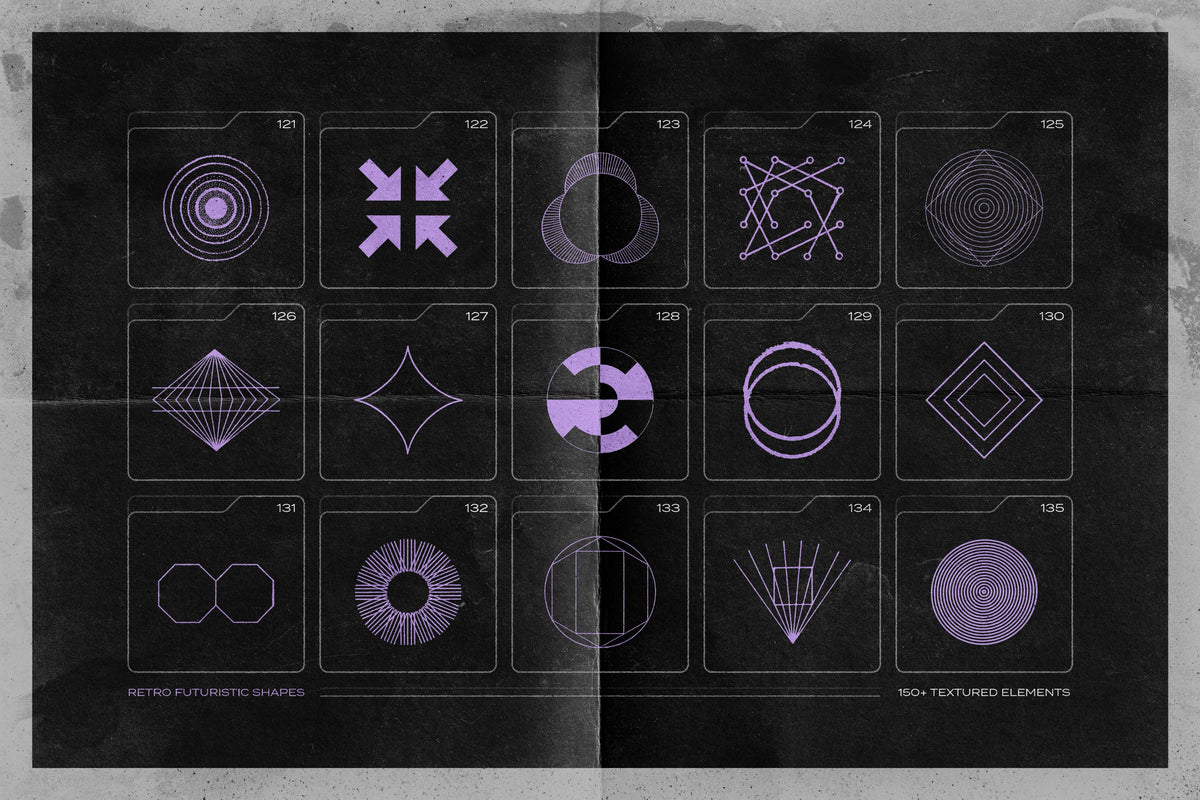 Aperçu 13 sur 17 de 150 Retro-Futuristic Textured Shapes Pack, ressource Transitions par Samolevsky