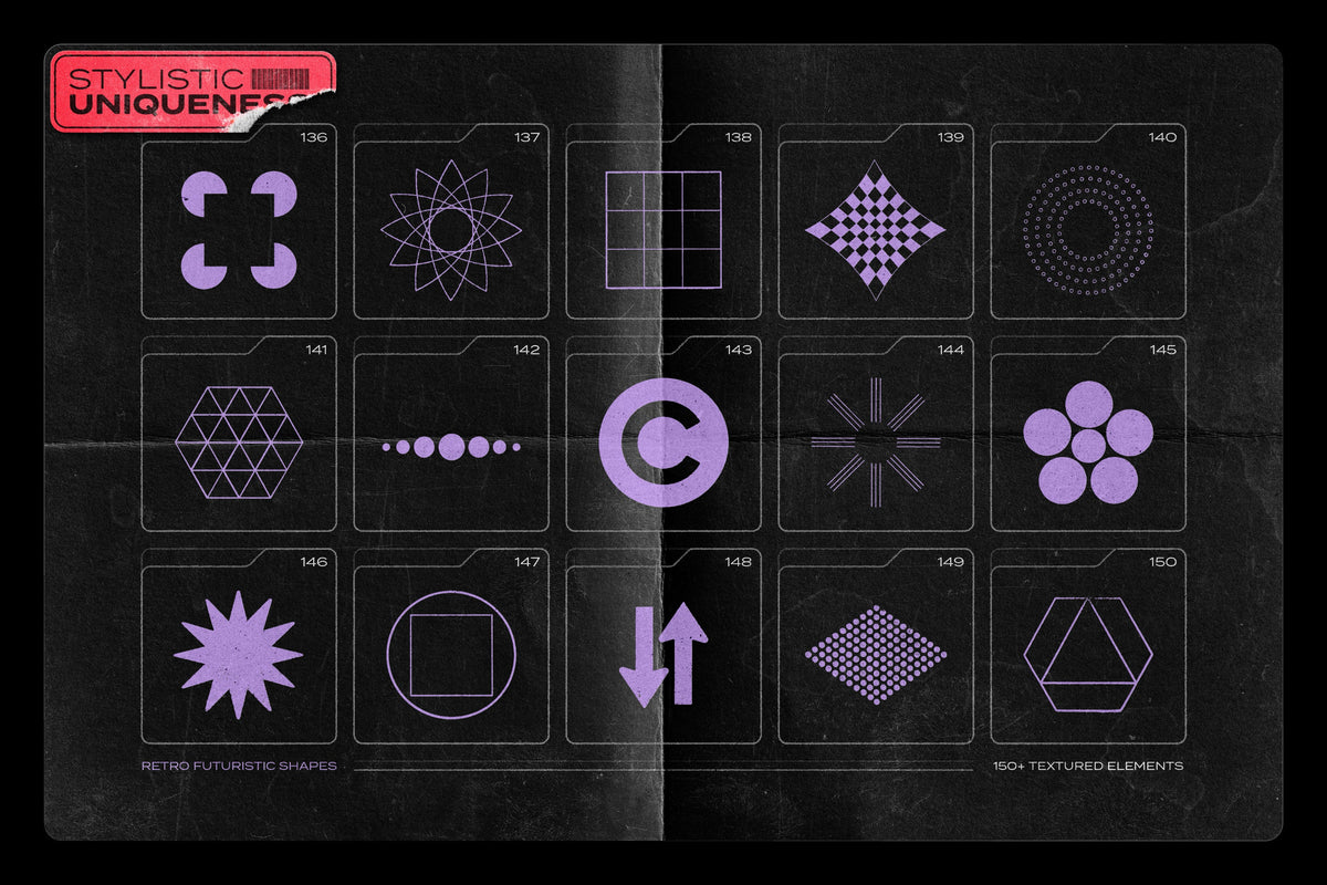 Aperçu 14 sur 17 de 150 Retro-Futuristic Textured Shapes Pack, ressource Transitions par Samolevsky