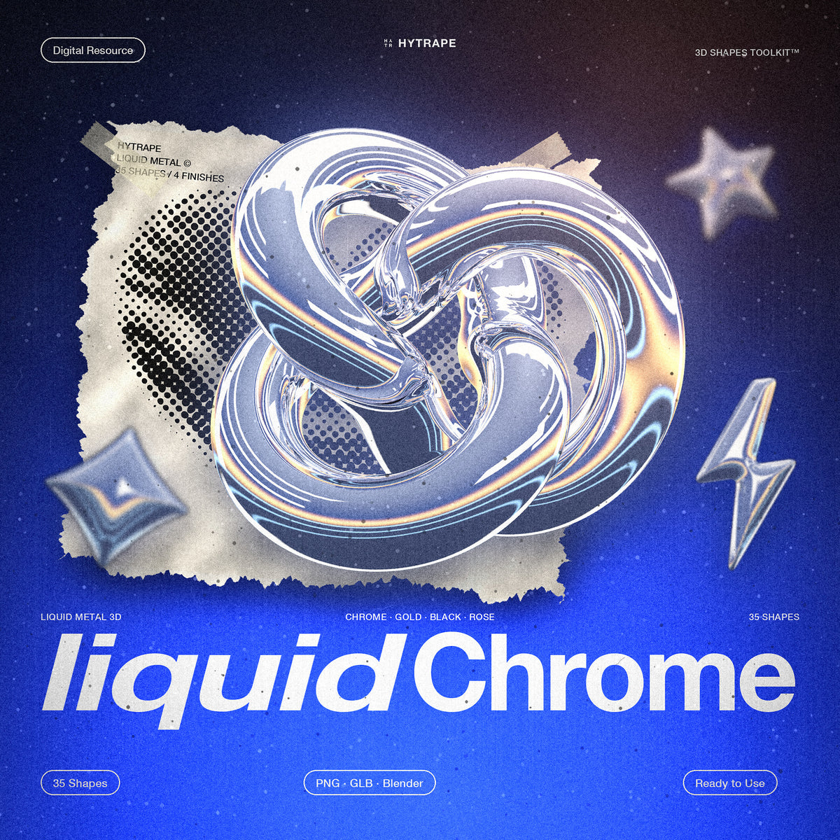 Liquid Chrome 3D Shapes HYTRAPE : nœud chromé sur une feuille déchirée à demi-teintes, étoile et éclair chromés, fond noir et bleu