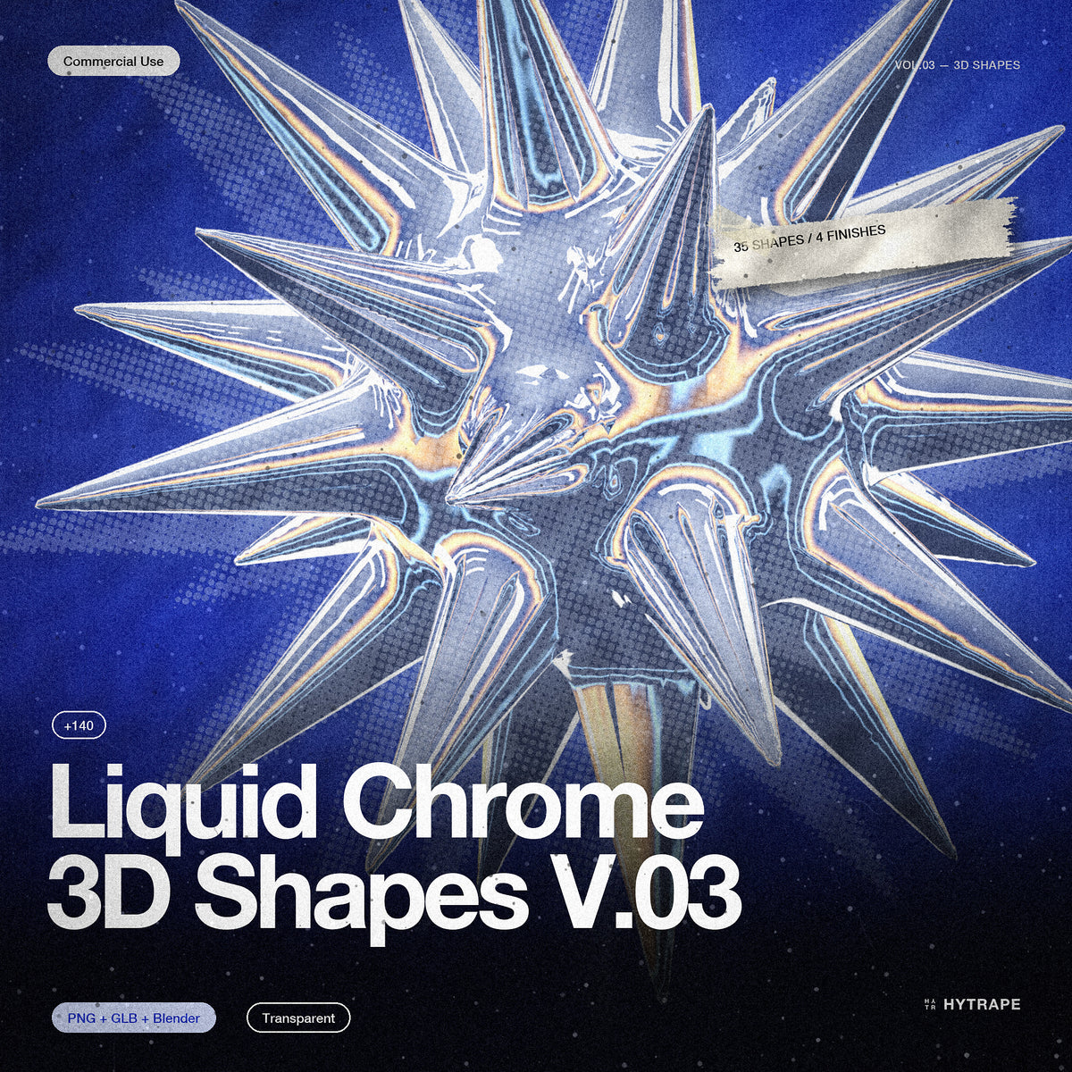 Liquid Chrome 3D Shapes V.03 : boule à pointes chromée géante avec trame de demi-teintes, titre en bas à gauche