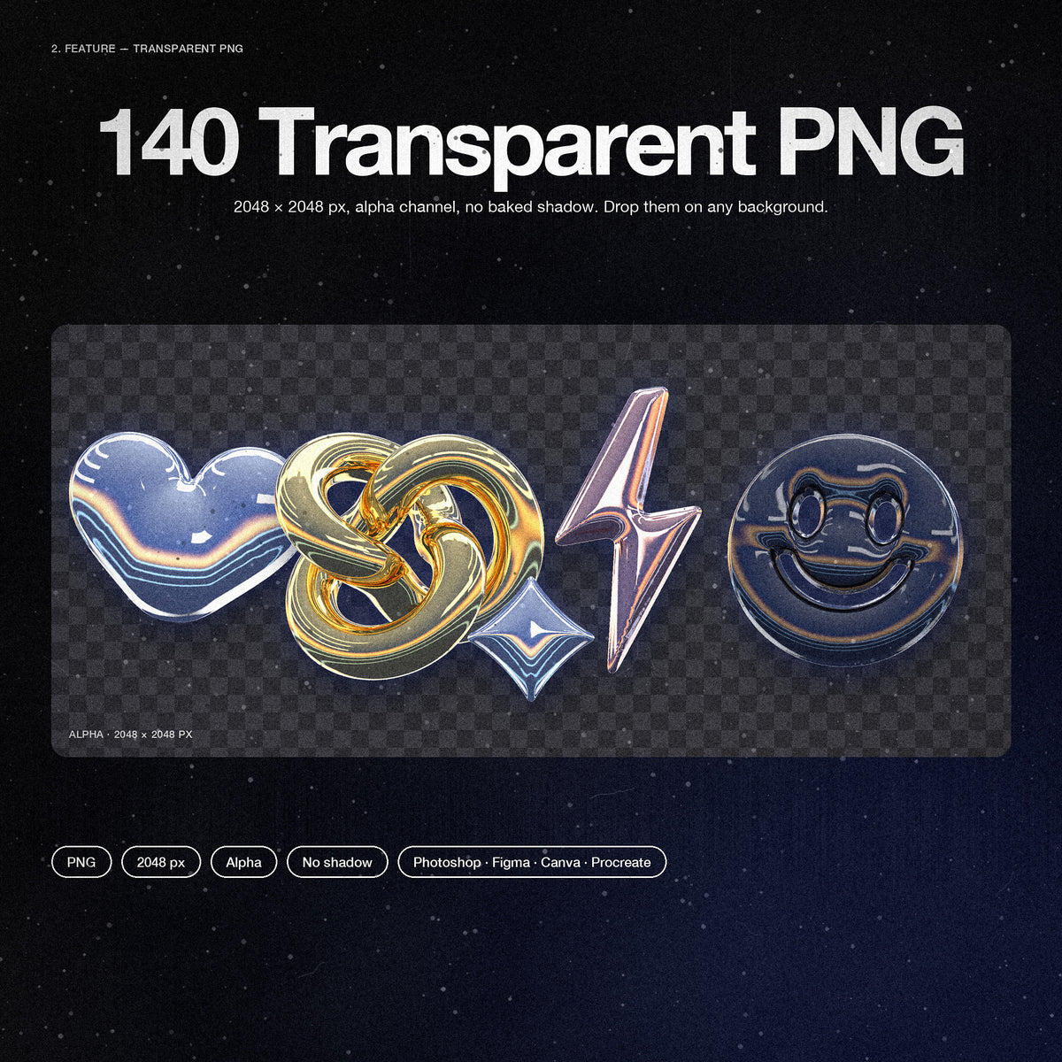 140 PNG transparents de 2048 px : formes chromées posées sur un damier de transparence