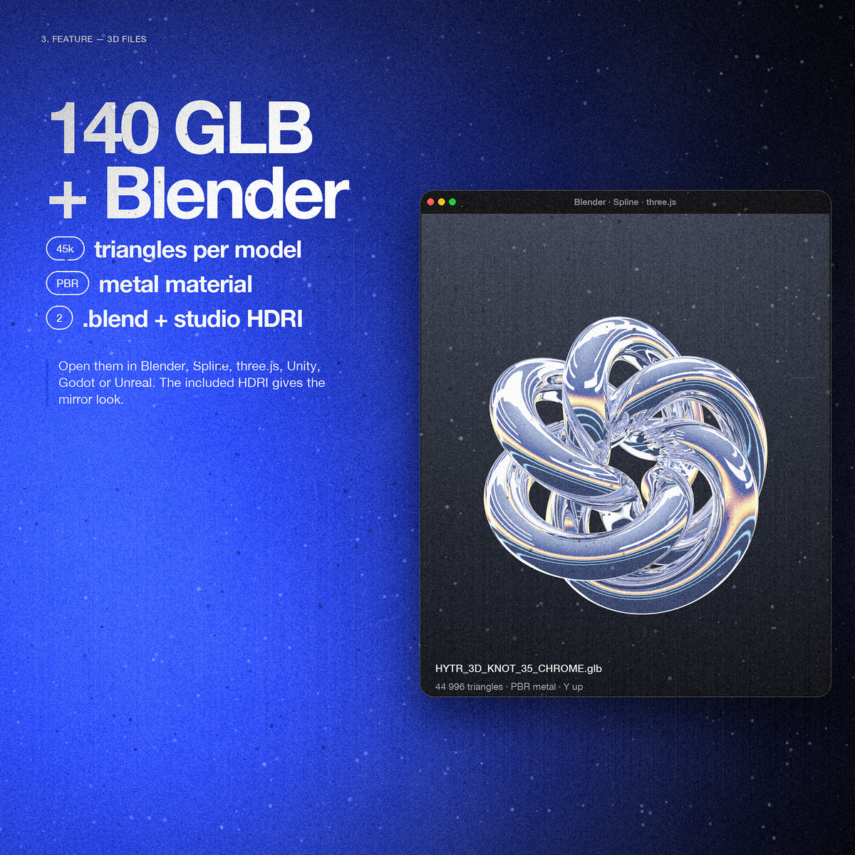140 modèles GLB de 45 000 triangles avec matériau métal PBR : un nœud chromé dans une fenêtre de visionneuse 3D