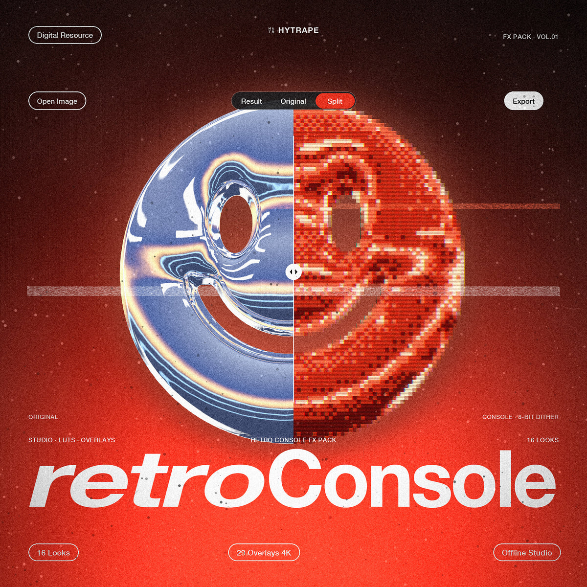 Retro Console FX Pack HYTRAPE : smiley chromé coupé en deux, original à gauche et rendu console pixelisé rouge à droite, sur fond noir et rouge