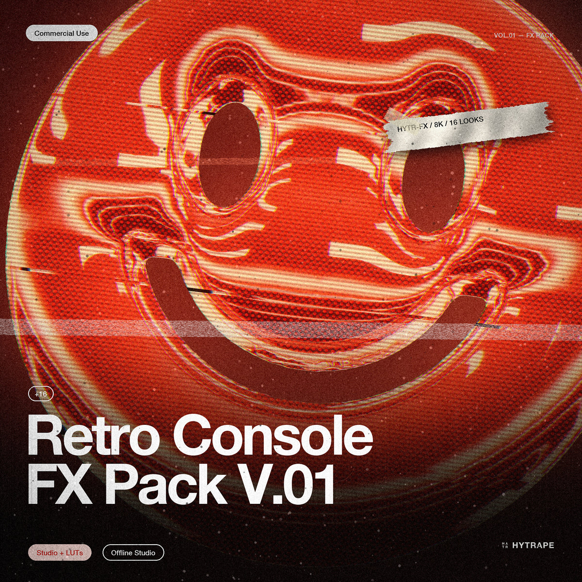 Retro Console FX Pack HYTRAPE : smiley géant en rouge avec trame de demi-teintes et déchirures de tube cathodique, titre en bas à gauche