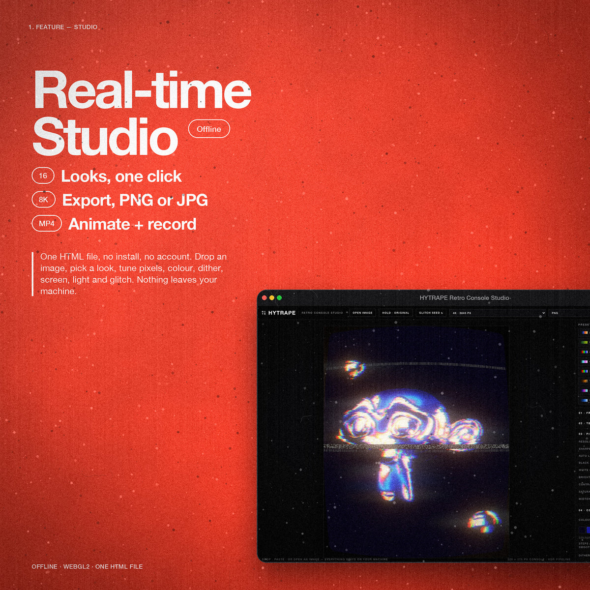 Le Studio temps réel du pack dans une fenêtre sur fond rouge : 16 looks, export 8K, animation MP4