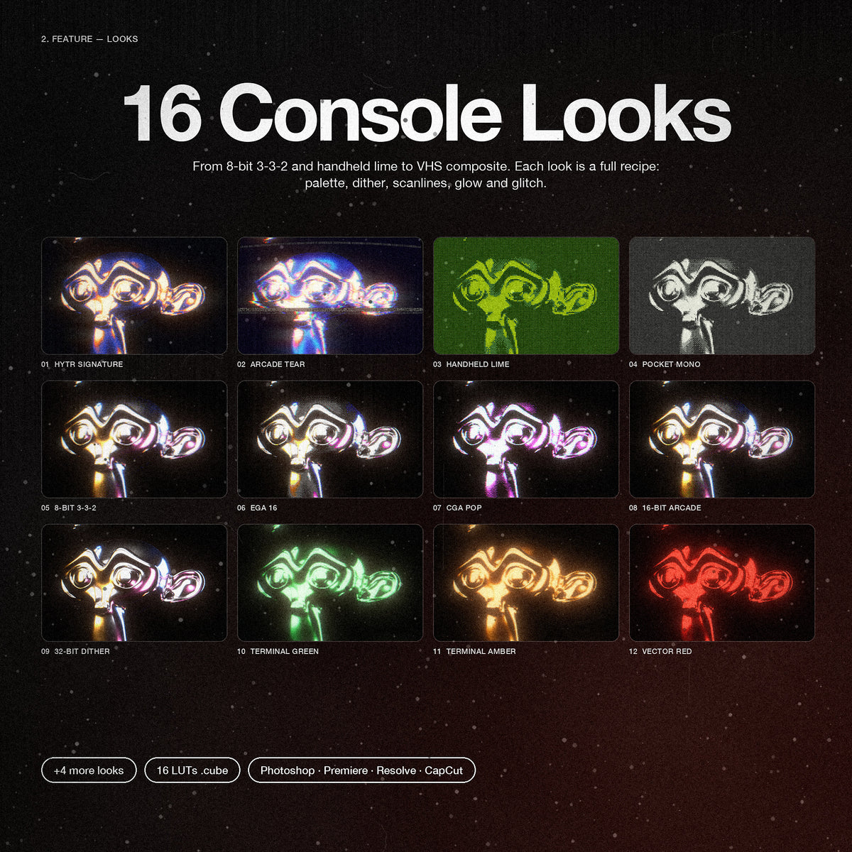 16 looks console : douze vignettes du même objet chromé avec leurs noms (handheld lime, EGA 16, terminal ambre, vector red...)