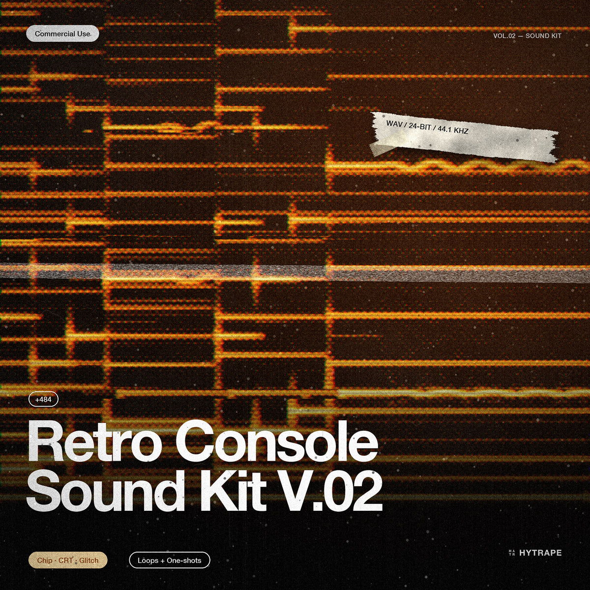 Retro Console Sound Kit V.02 : spectrogramme orange géant d'un jingle, bandes de bruit et titre en bas à gauche