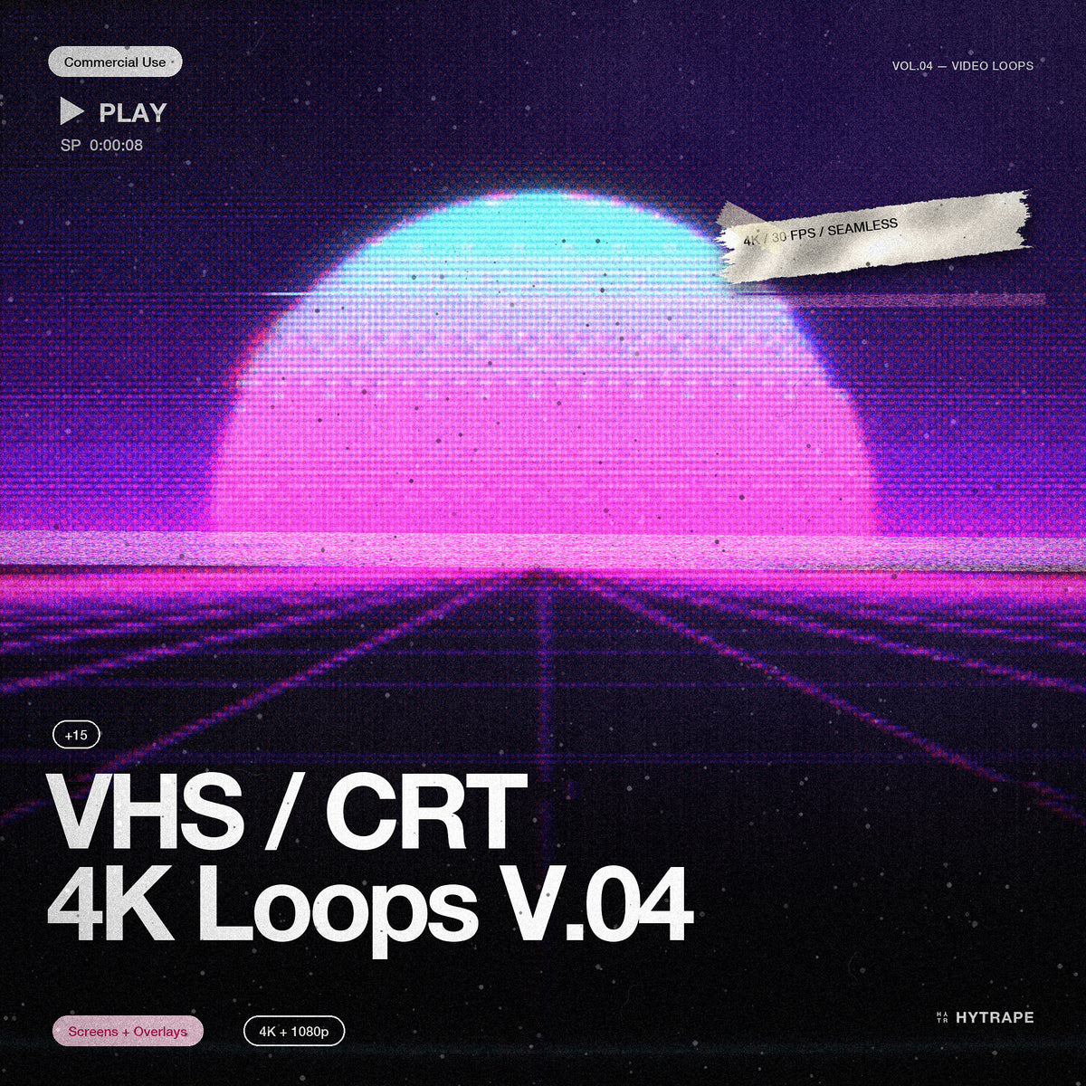 VHS CRT 4K Loops V.04 : grille et soleil synthwave en plein cadre, bruit de tracking, affichage PLAY, titre en bas à gauche