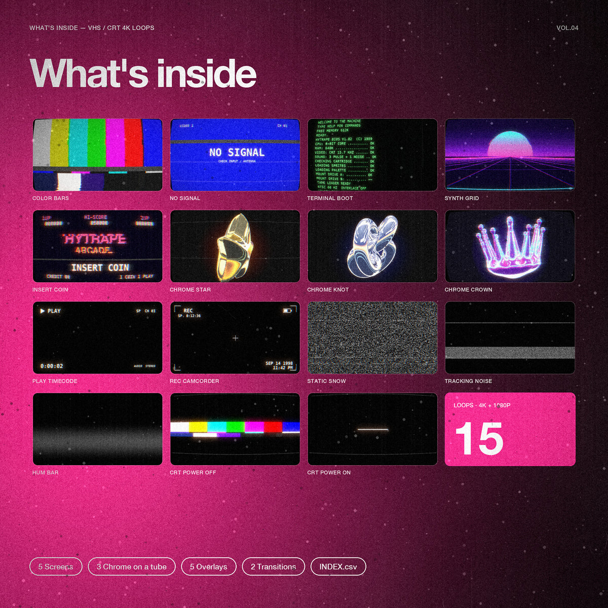 Les 15 boucles du pack en vignettes : écrans, chrome sur tube, calques et transitions