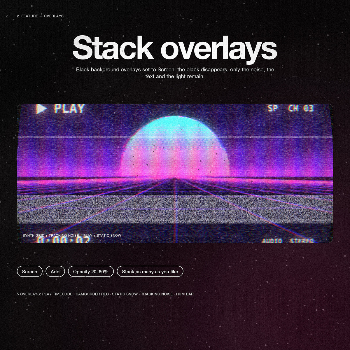 Calques empilés en mode Écran : grille synthwave, bruit de tracking, affichage PLAY et neige de télé