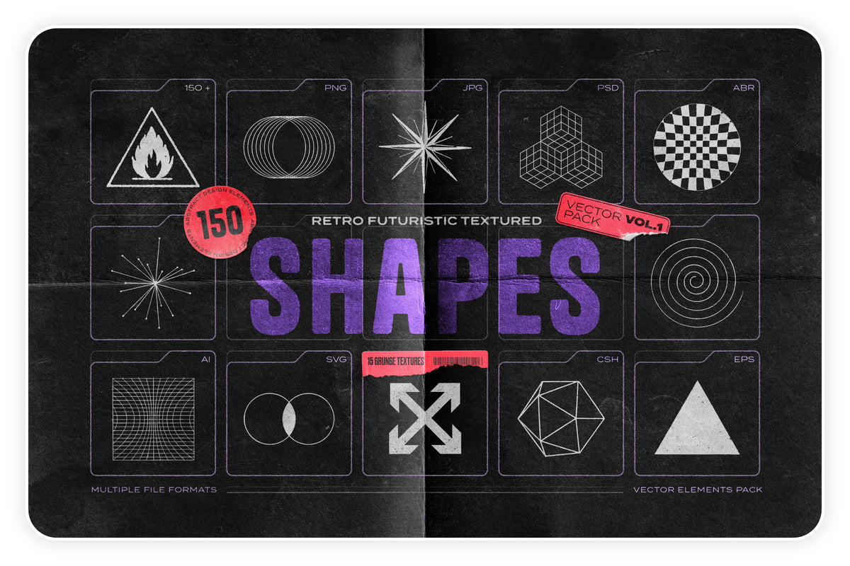 Aperçu principal de 150 Retro-Futuristic Textured Shapes Pack, ressource Transitions par Samolevsky
