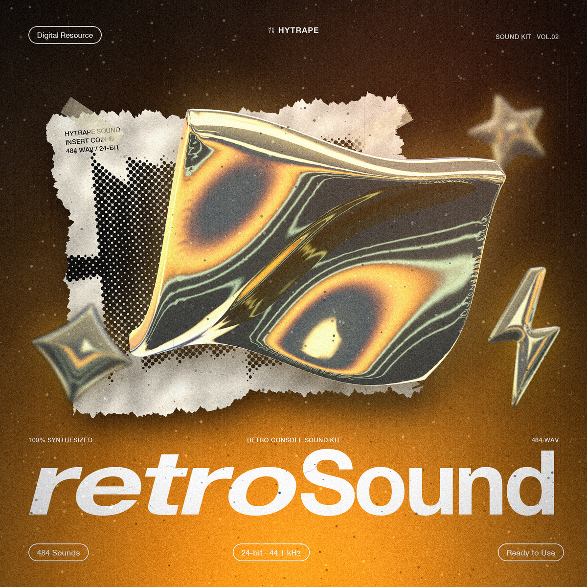 Retro Console Sound Kit HYTRAPE : plaque d'or liquide devant une feuille déchirée imprimée d'une forme d'onde, sur fond noir et ambre